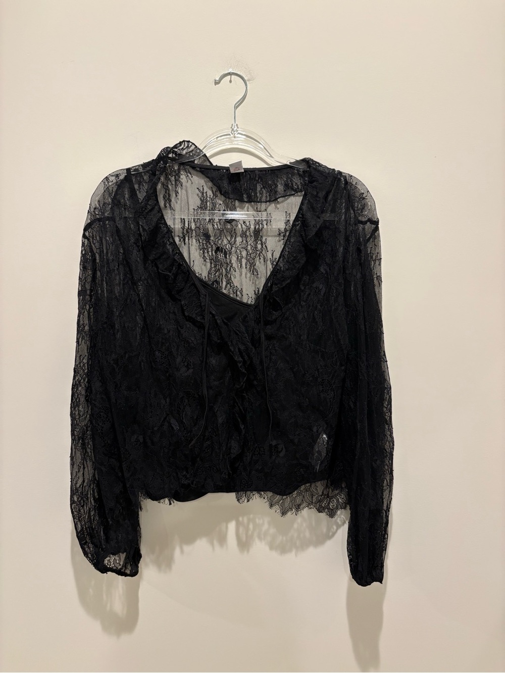Old Navy Black Sheer Lace Ruffle Tie-Neck Blouse